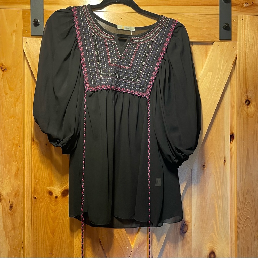 Boho Embroidered Black Peasant Blouse with Pink Accents